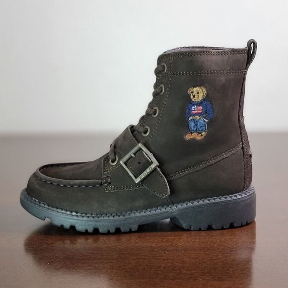 Polo Ralph Lauren Bear Leather Suede Brown Ranger Combat Boots Kids Sizes New - Picture 9 of 11